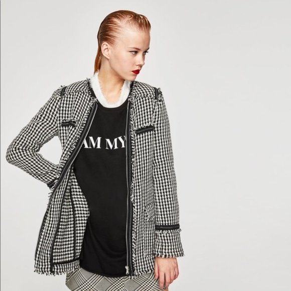 Long Tweed Black White Jacket Coat w Chain XS NEW